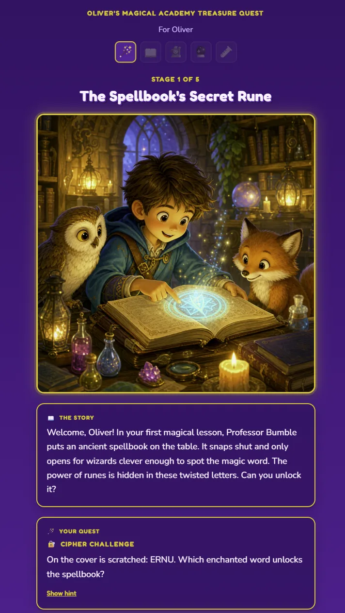 A finished QuestWink adventure as a child sees it, with story artwork and a challenge.